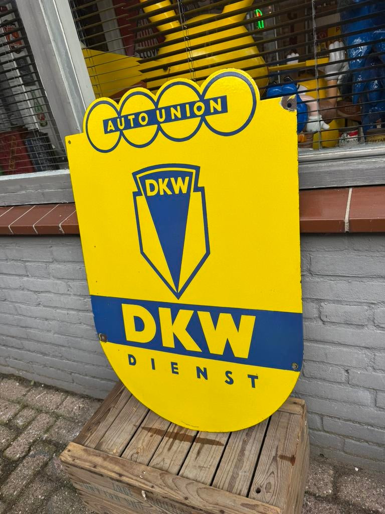 Groot DKW - Auto Union emaille reclamebord, Ophalen, Gebruikt, Reclamebord
