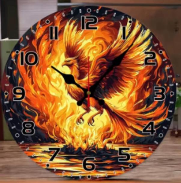 Ronde wandklok van hout Phoenix in vlammen (25cm), Ophalen of Verzenden, Nieuw, Wandklok