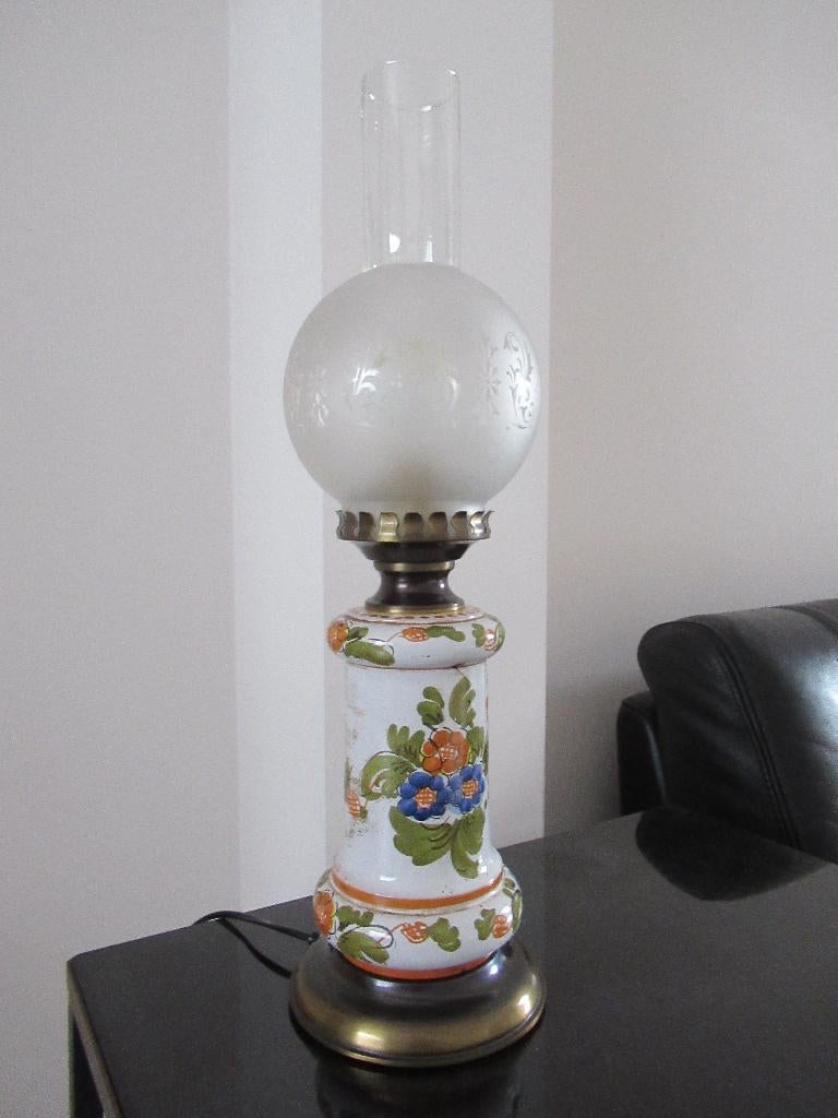 lamp-keramiek-handgeschilderd-geëtste globe-Frans-VINTAGE, Antiquités & Art, Antiquités | Éclairage, Enlèvement ou Envoi