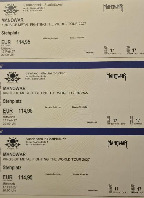 3 tickets Manowar 17 feb 2027 Saarbrücken, Tickets en Kaartjes, Drie personen of meer, Februari, Hard Rock of Metal