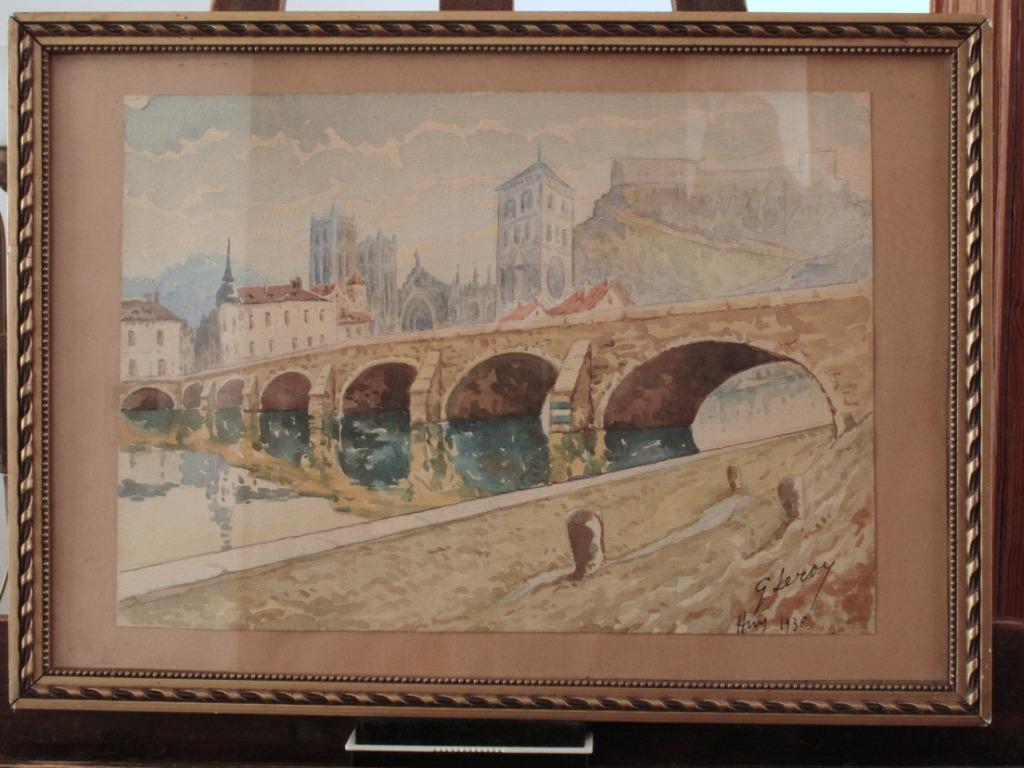 Huy 1935, Le pont, la Collégiale et la forteresse, Antiquités & Art, Art | Peinture | Classique, Enlèvement ou Envoi