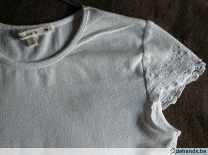 Tshirt blanc 'Pauline B' avec fantaisie sur les manches 10an, Enfants & Bébés, Enlèvement ou Envoi, Chemise ou À manches longues