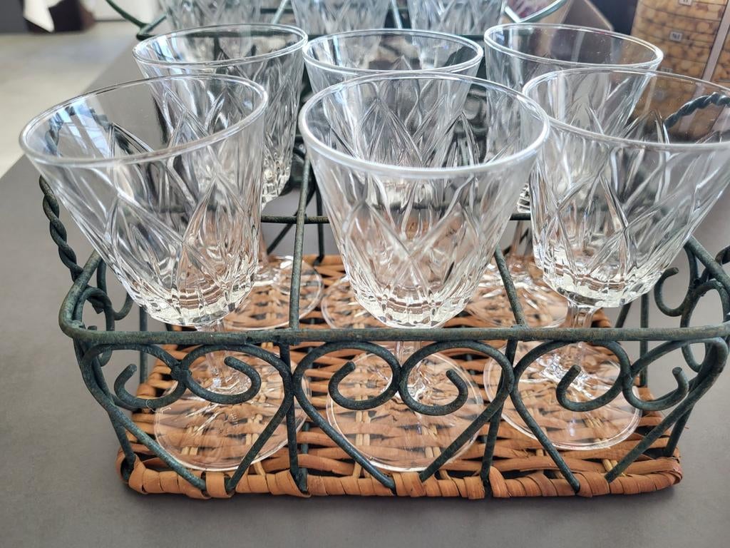 3x set van 6 vintage wijnglazen in metalen mandjes, Ophalen