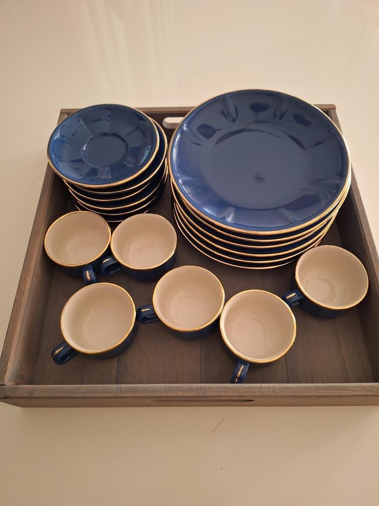 Apilco Revol koffie servies 6 personen goud blauw, Antiek en Kunst, Ophalen of Verzenden