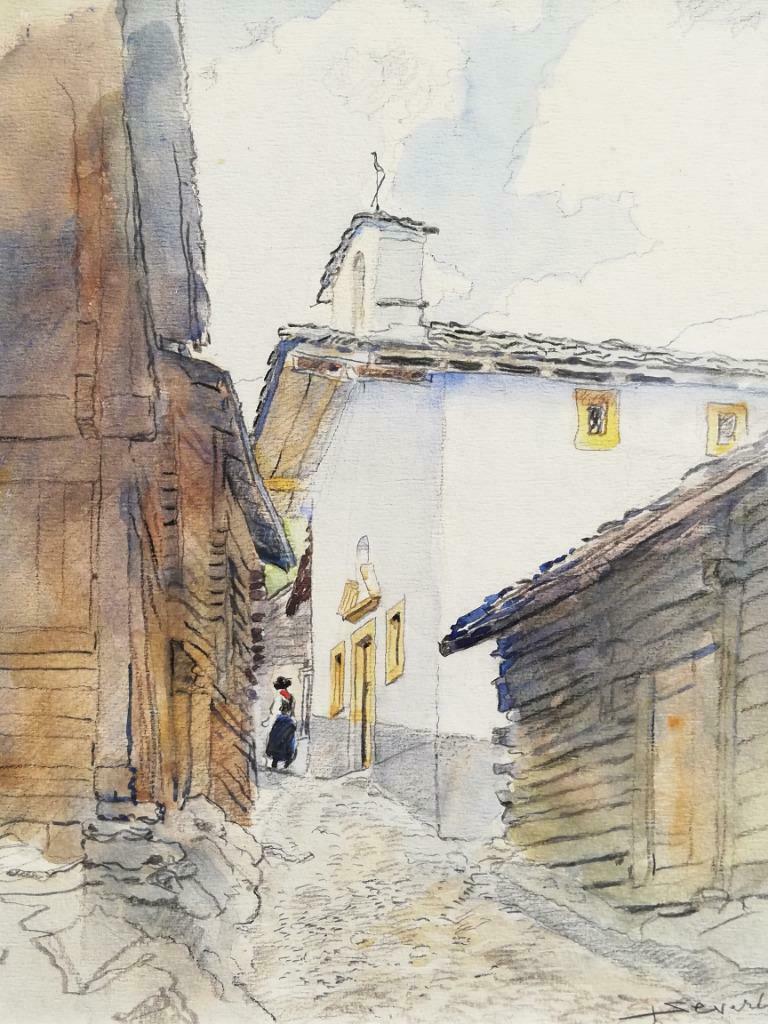 Juliaan Severin - mooie tekening - bergdorp in Europa - 50s, Antiek en Kunst, Ophalen