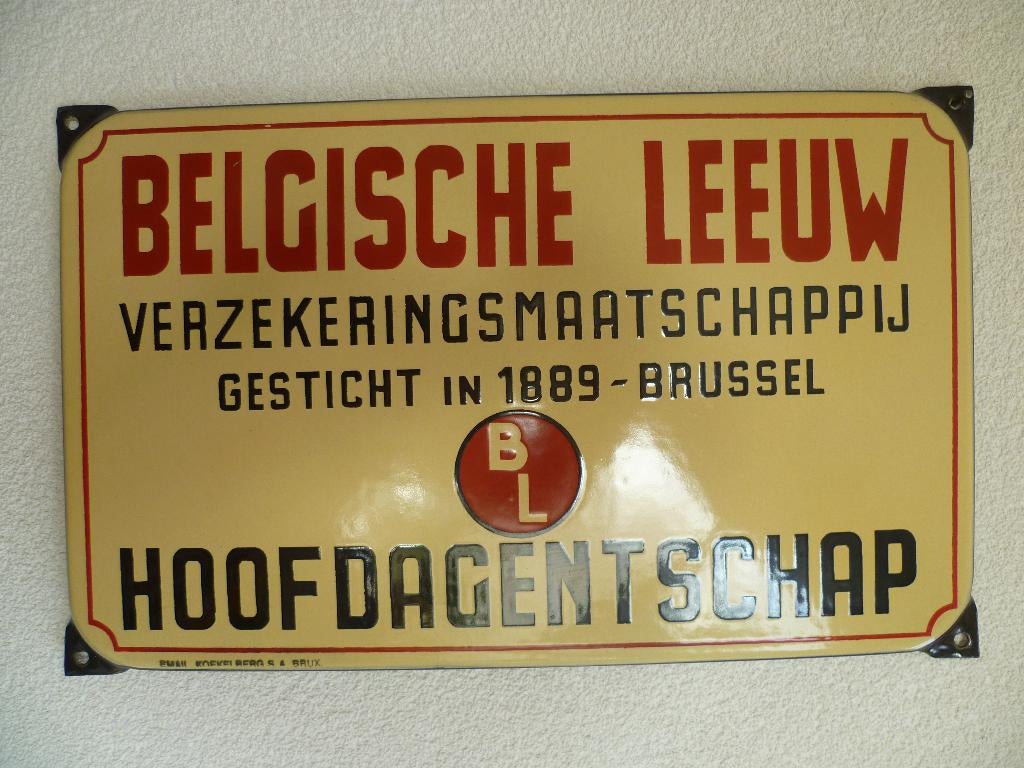 EMAILLE RECLAMEBORD"BELGISCHE LEEUW VERZEKERINGEN"JAREN50/60, Verzamelen, Ophalen of Verzenden, Zo goed als nieuw, Reclamebord