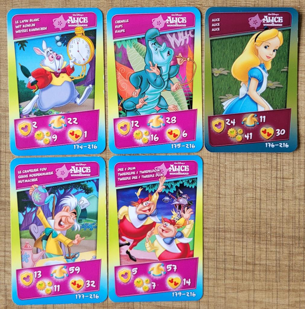 5 verzamelkaarten Disney Alice in Wonderland (Cora-Match), Collections, Enlèvement ou Envoi, Autres personnages, Comme neuf, Image ou Affiche