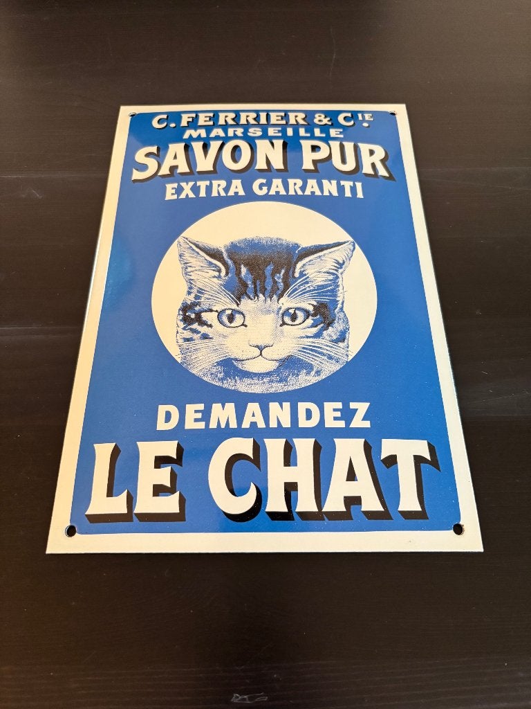 Savon de  Marseille LE CHAT real porcelain-enamel sign, Neuf, Bleu, Métal, Vintage