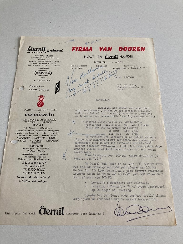 Oude factuur Eternit ( Firma Van Dooren ) ASSE 1963, Ophalen of Verzenden, Gebruikt, Overige typen