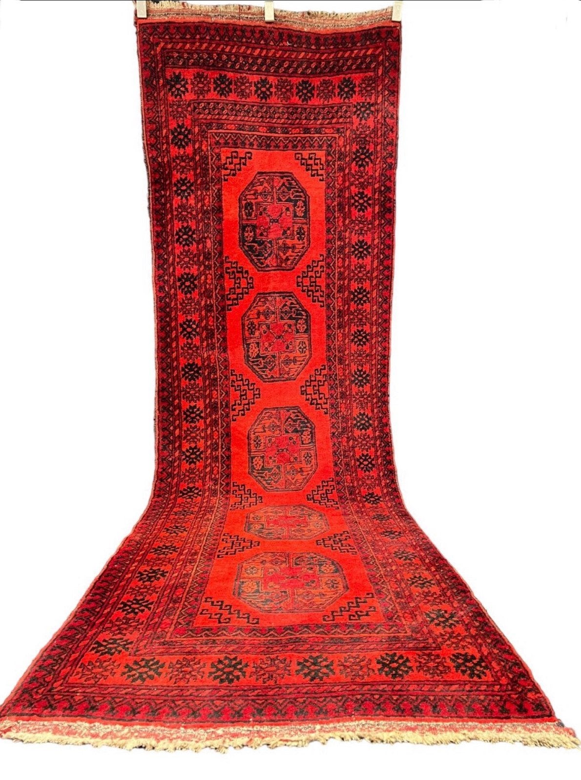 Antiek Handgeknoopt Afghaanse art deco stijl 282 x 87, Ophalen, Gebruikt