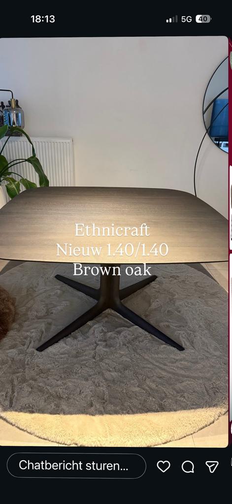 Ethnicraft corto designtafel brown oak 140/140 te koop, Neuf, 100 à 150 cm, Cinq personnes ou plus, Design