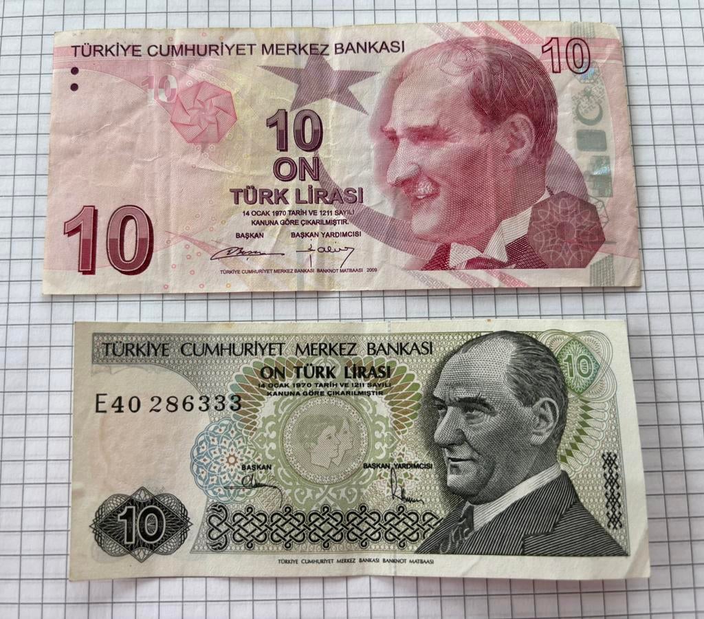 2 Turkse bankbiljetten van 10 lira, Postzegels en Munten, Ophalen of Verzenden, Overige landen, Los biljet