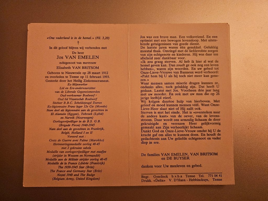 Brigadegevangenis Van Emelen Jos, Verzamelen, Ophalen of Verzenden, Bidprentje