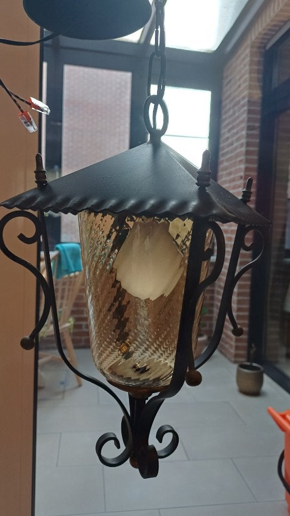 antieke hanglamp, vorm lantaarn, Ophalen of Verzenden, Gebruikt, Glas, Antiek