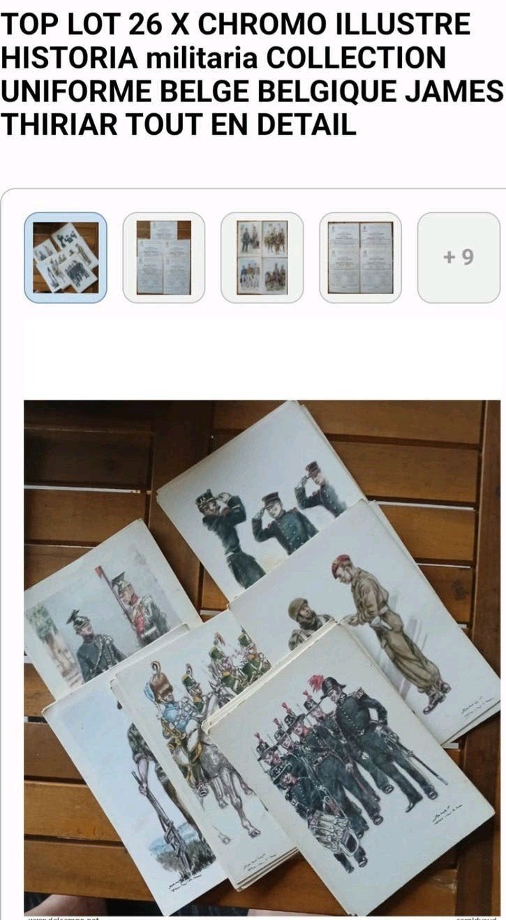 Lot 26 Chromo Militaria Illustrator Thiare uniformen, Ophalen of Verzenden, 1920 tot 1940, Ongelopen, Politiek en Historie