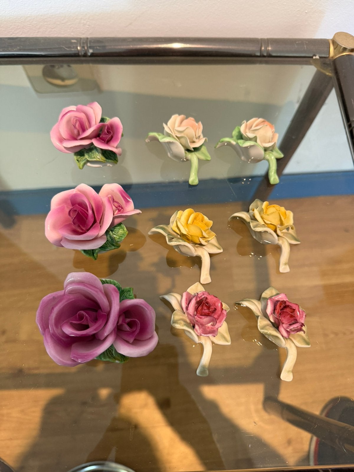 Set van 9 vintage porseleinen rozen – Dresden, Ophalen, Gebruikt