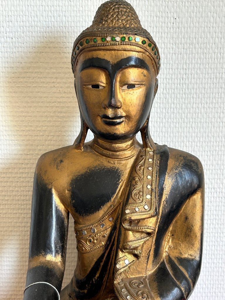 Ancienne statue de Bouddha Mandalay en Bois - Birmanie 1950, Antiquités & Art, Art | Art non-occidental, 40 cm, Bois, Fait main