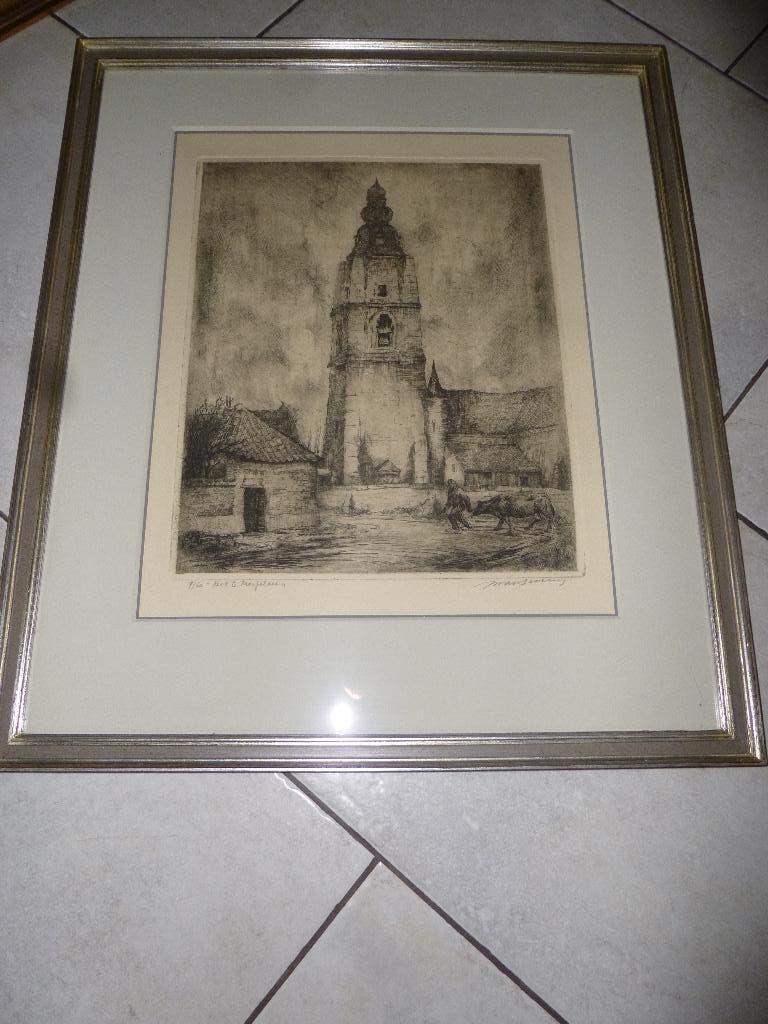 ets gesigneerd , boer met koe , kerk Mespelare, Ophalen of Verzenden, Ets, Gesigneerd