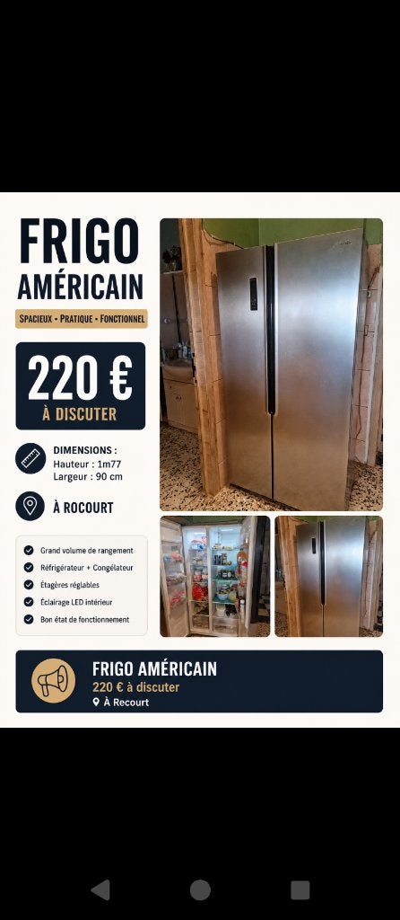 Frigo américain  grand congélateur et frigo très beau, Ophalen, Gebruikt, 60 cm of meer, 160 cm of meer
