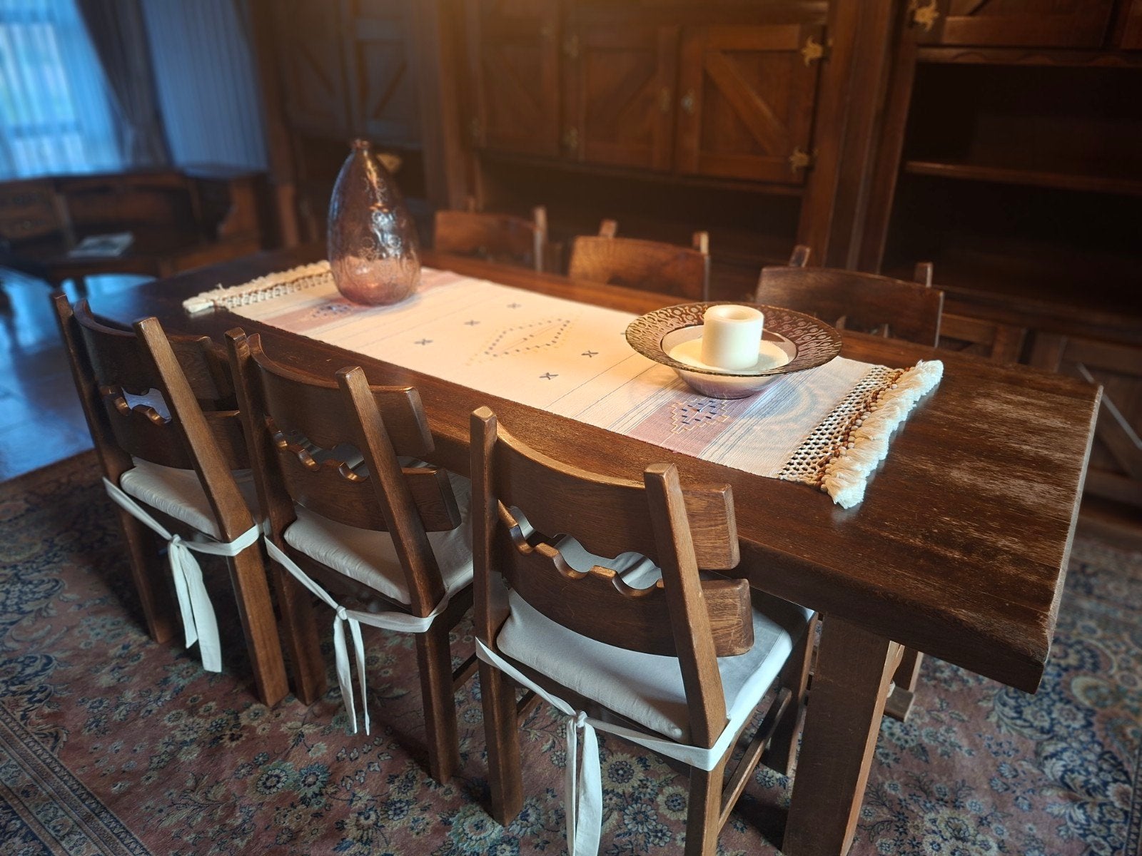 Houten eettafel met stoelen, Ophalen, Gebruikt, Antiek, 4 tot 6 stoelen