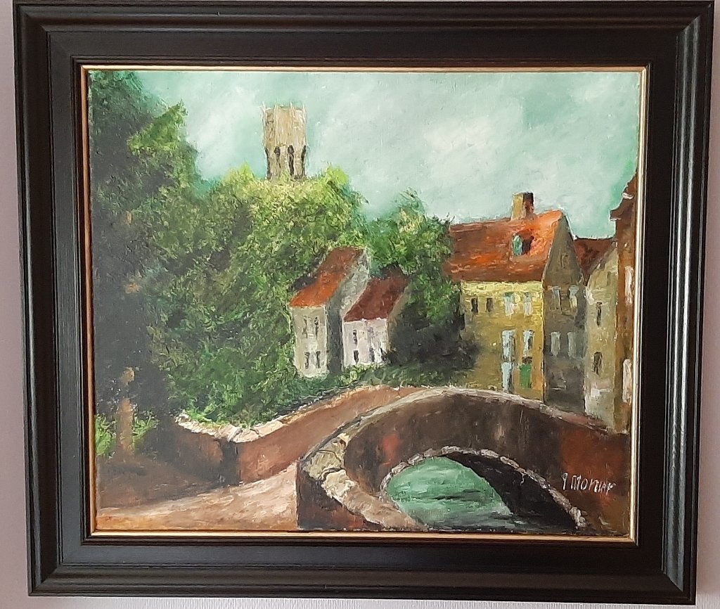 Schilderij (Brugge die scone......), Signé, Peinture à l'huile, Enlèvement, Paysage urbain / rural