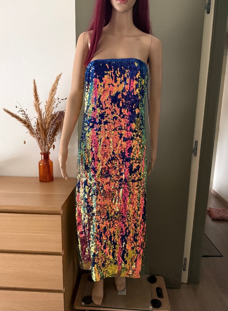 Robe à paillettes multicolores scintillantes fente dos - M, Taille 38/40 (M), Enlèvement ou Envoi, Comme neuf, Bleu
