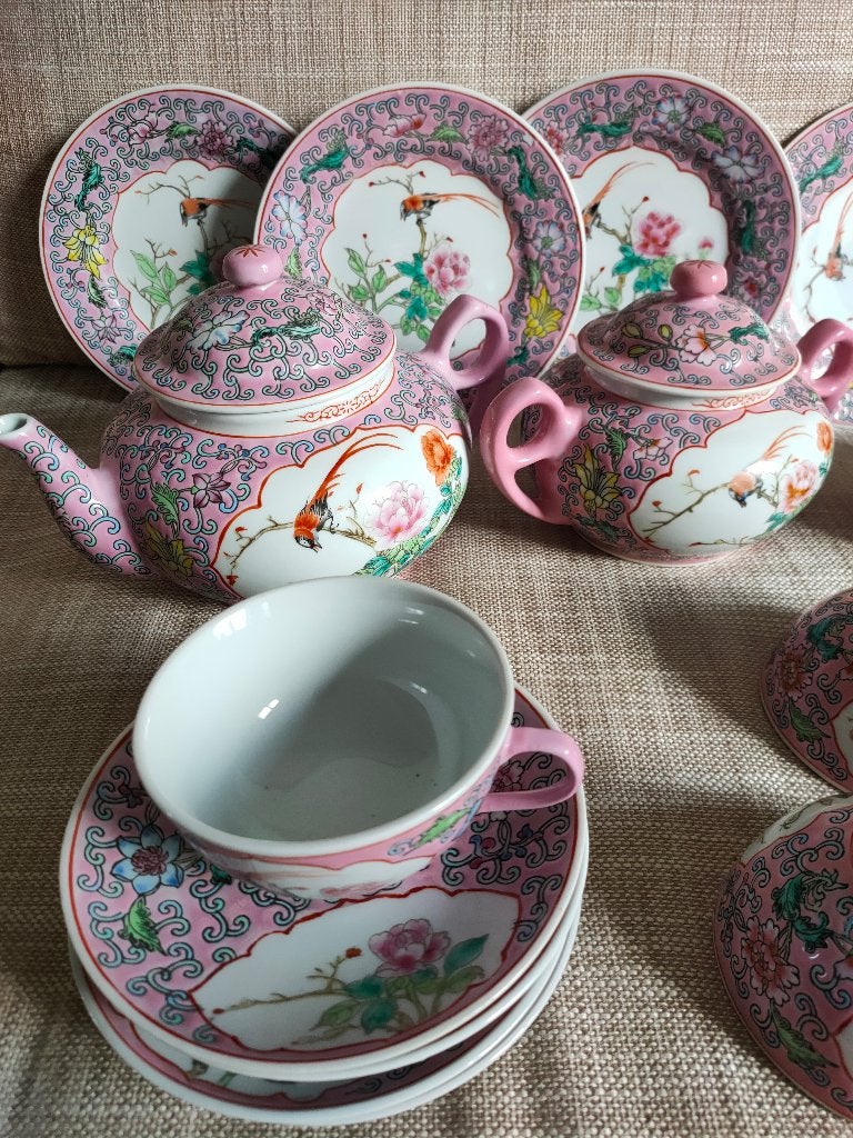 Zeldzaam Chinees Mun Shou Theeservies Pastelroze 15-delig, Ophalen of Verzenden