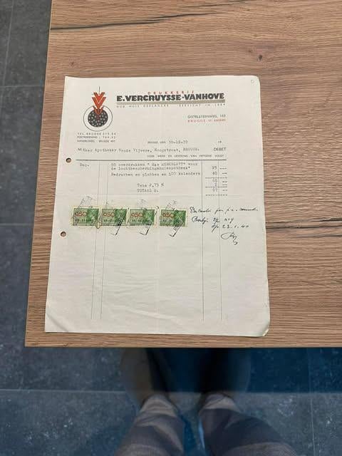 factuur drukkerij E. Vercruysse Vanhove  St Andries 1939, Gebruikt, Vercrysse, Overige typen, Ophalen of Verzenden