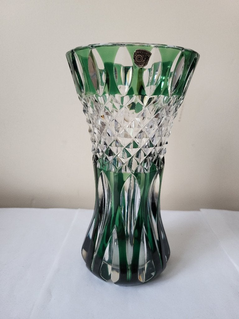 Vase Val Saint Lambert « Teniers » - Vert - 20cm - Signé M, Antiquités & Art, Enlèvement ou Envoi