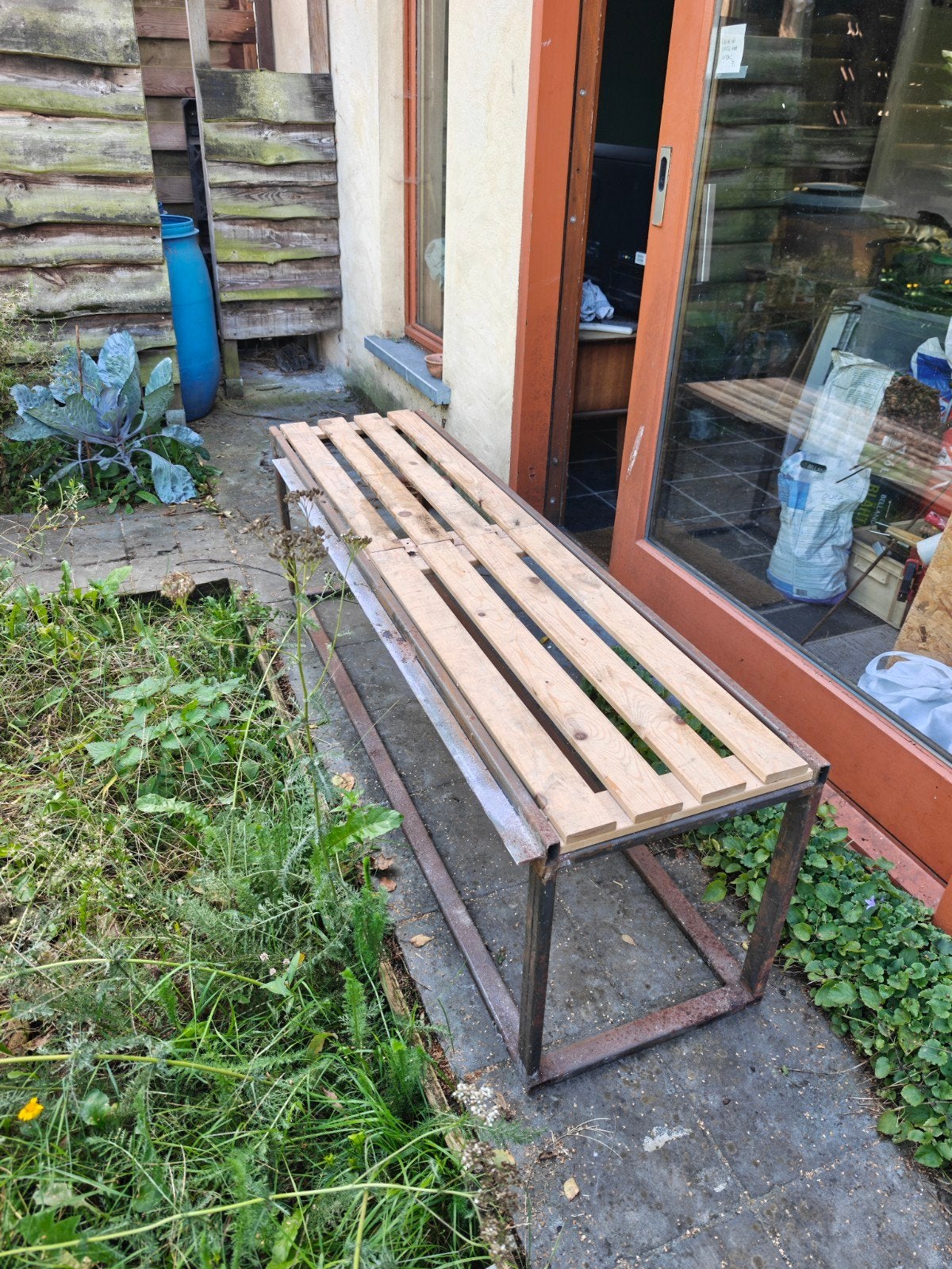 2 industriële tuinbanken – staal & hout – 160 cm, Tuin en Terras, Ophalen, Metaal