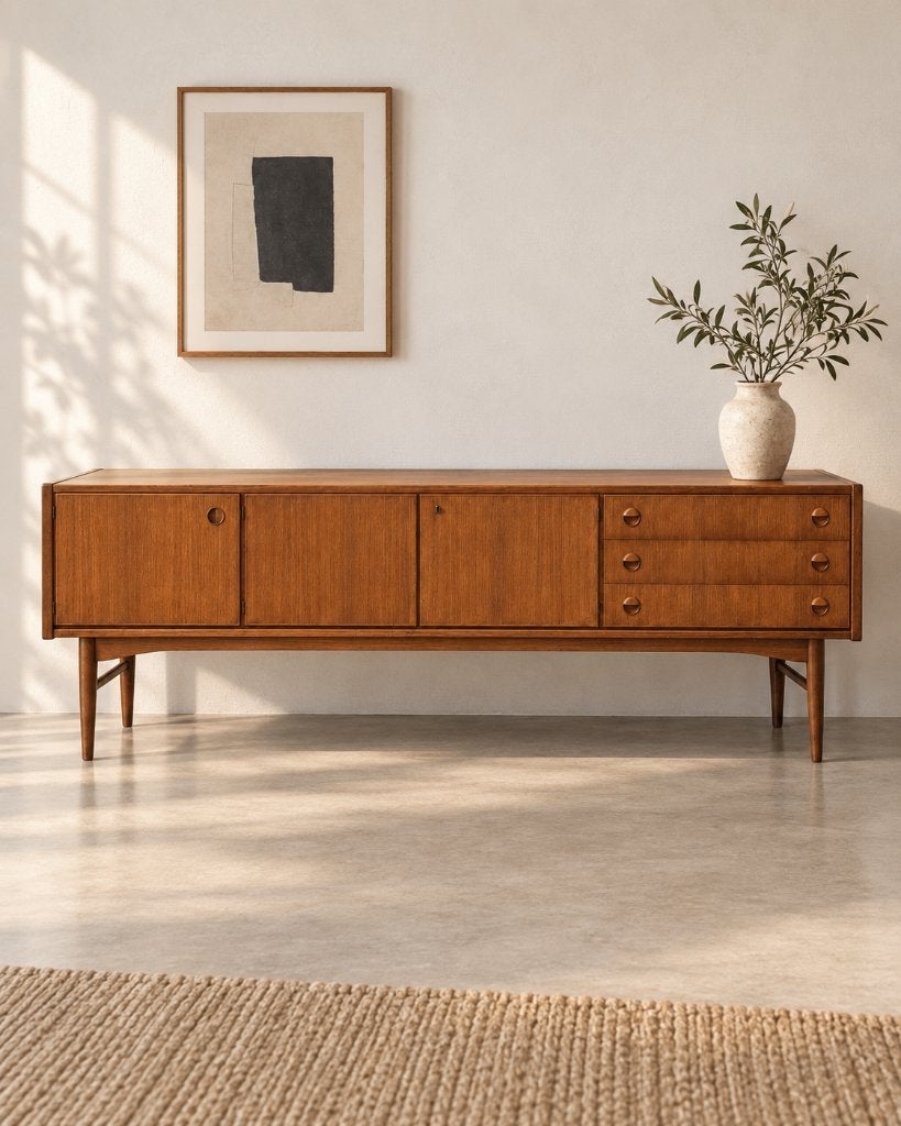 Lowboard vintage en teck années 1960 – 222 cm, Maison & Meubles, Armoires | Buffets, Enlèvement, Teck