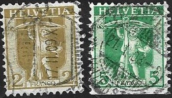 2 Postzegels Zwitserland 1907 Walter Tell, Ophalen of Verzenden, Gestempeld