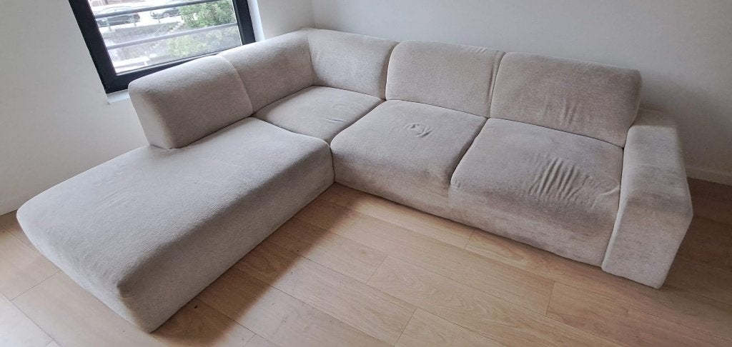 Ruime moderne hoekzetel | Slechts 2 jaar oud | Beige, 150 cm ou plus, Banc d'angle, Comme neuf, Enlèvement