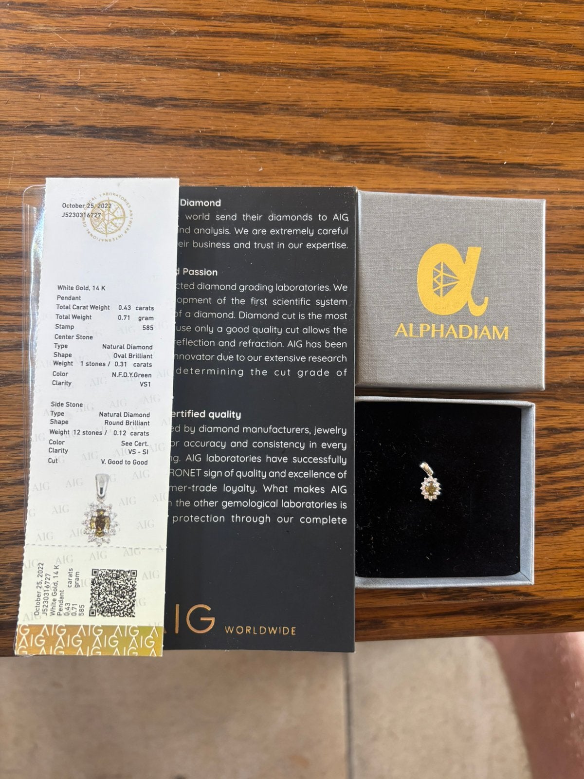 14k Witgouden Hanger 0.31ct Groene Diamant + AIG Certificaat, Ophalen, Nieuw