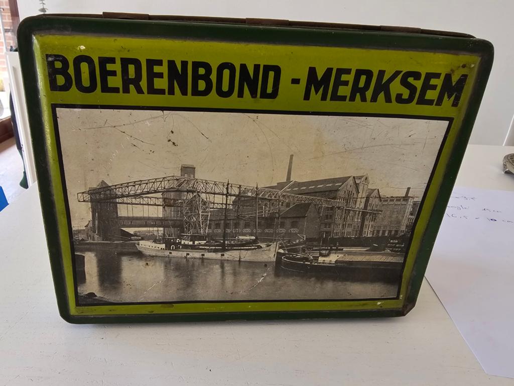 vintage blikken doos van Boerenbond Merksem, Verzamelen, Blikken, Ophalen of Verzenden