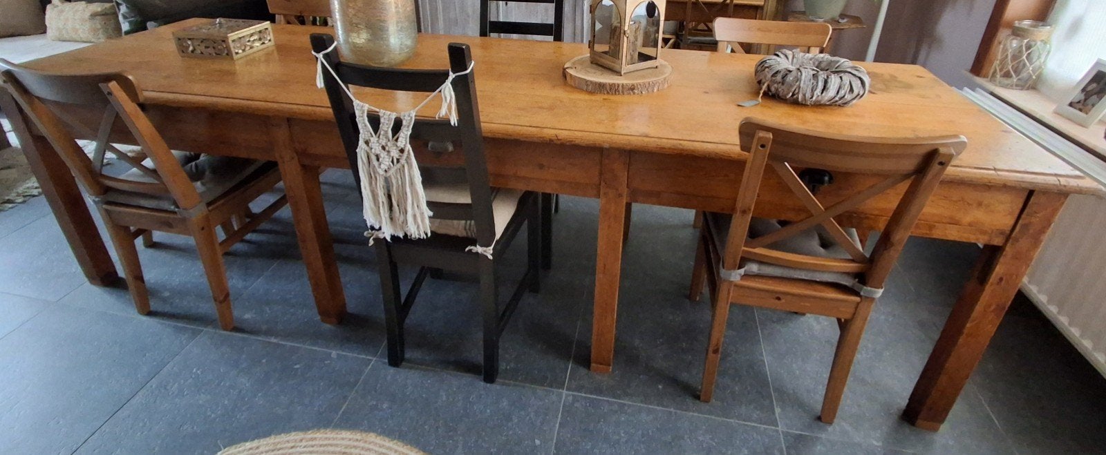 Grande table ancienne en pitchpin – 287 cm – 3 tiroirs, Enlèvement