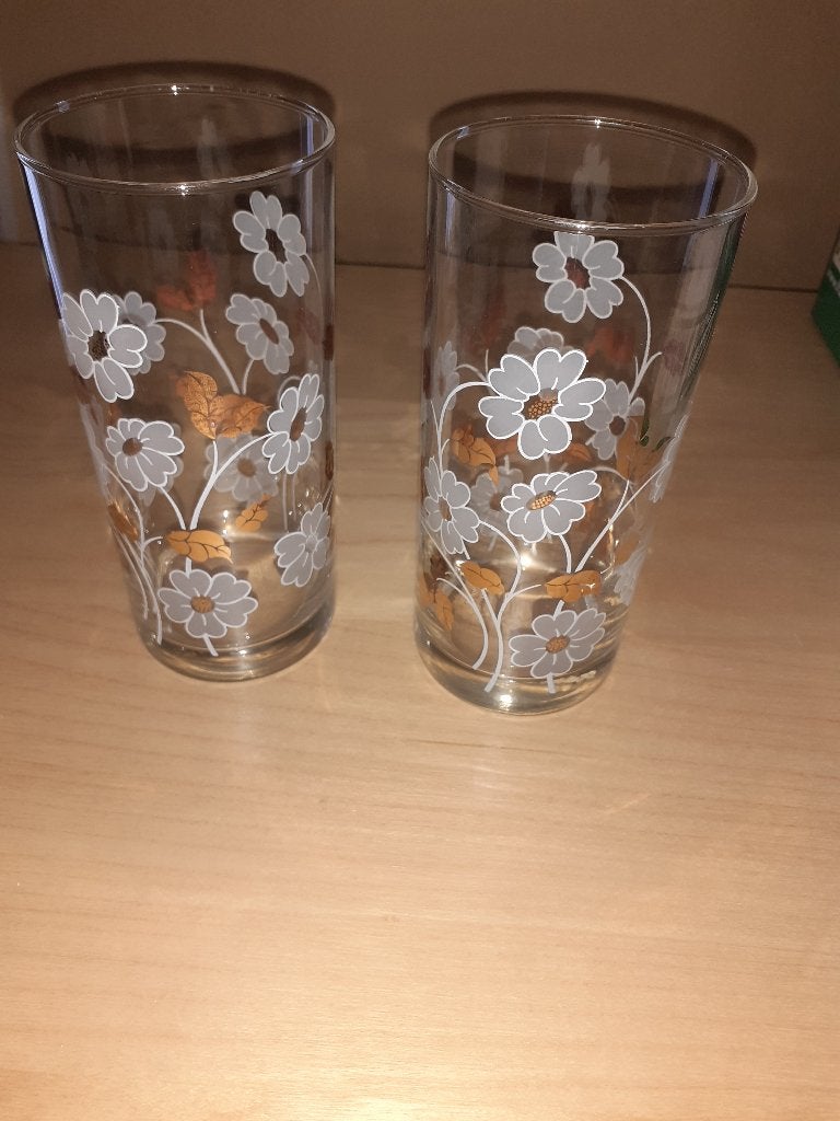 Verres limonade fleurs blanches et dorées vintage (lot de 2), Enlèvement