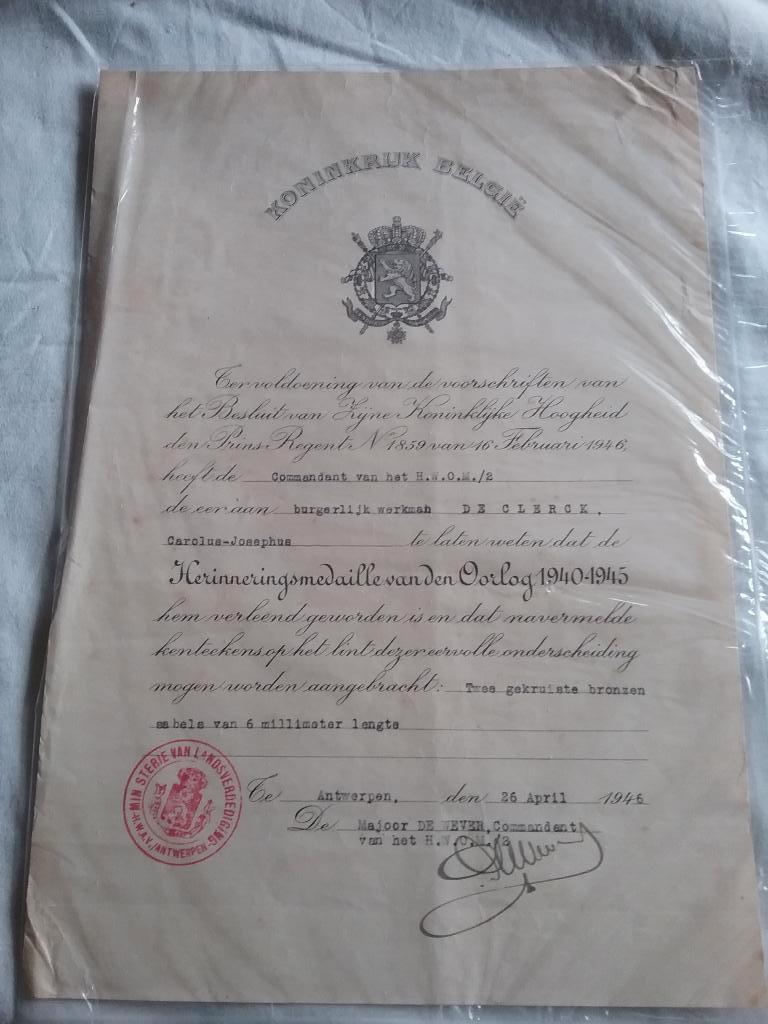 Certificat Médaille commémorative 1940 - 1945, Enlèvement ou Envoi, Armée de terre, Ruban, Médaille ou Ailes