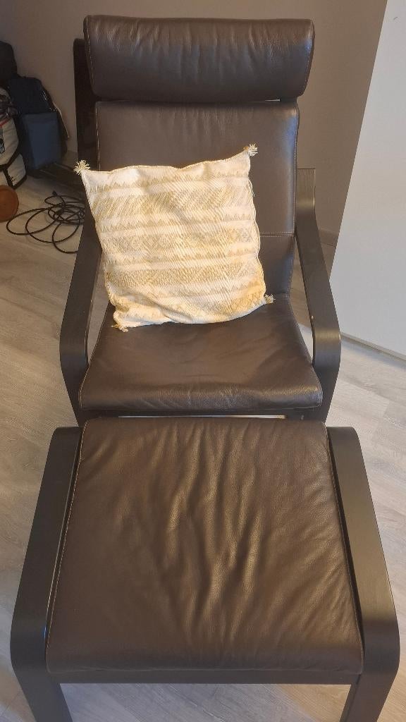 Fauteuil et pouf Poang Ikea, cuir noir/marron, Maison & Meubles, Fauteuils, Enlèvement, Utilisé, Cuir