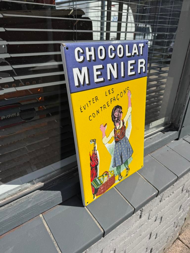 Panneau publicitaire en émail Chocolat Menier, Enlèvement ou Envoi, Utilisé, Panneau publicitaire