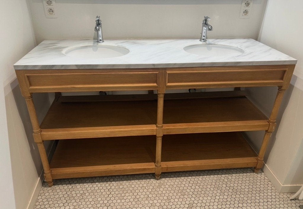Meuble double vasque en bois et marbre blanc, Maison & Meubles, Moins de 100 cm, Meuble lavabo, 150 à 200 cm, Enlèvement