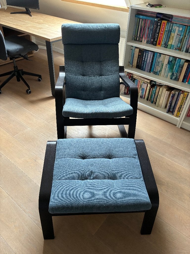 Schommelstoel met voetenbankje, Ophalen, Hout, Blauw, Zo goed als nieuw