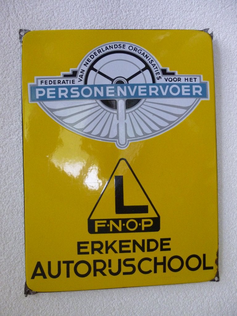 EMAILLE BORD"F.N.O.P.ERKENDE AUTORIJSCHOOL"UIT JAREN 50/60, Enlèvement ou Envoi, Utilisé, Panneau publicitaire