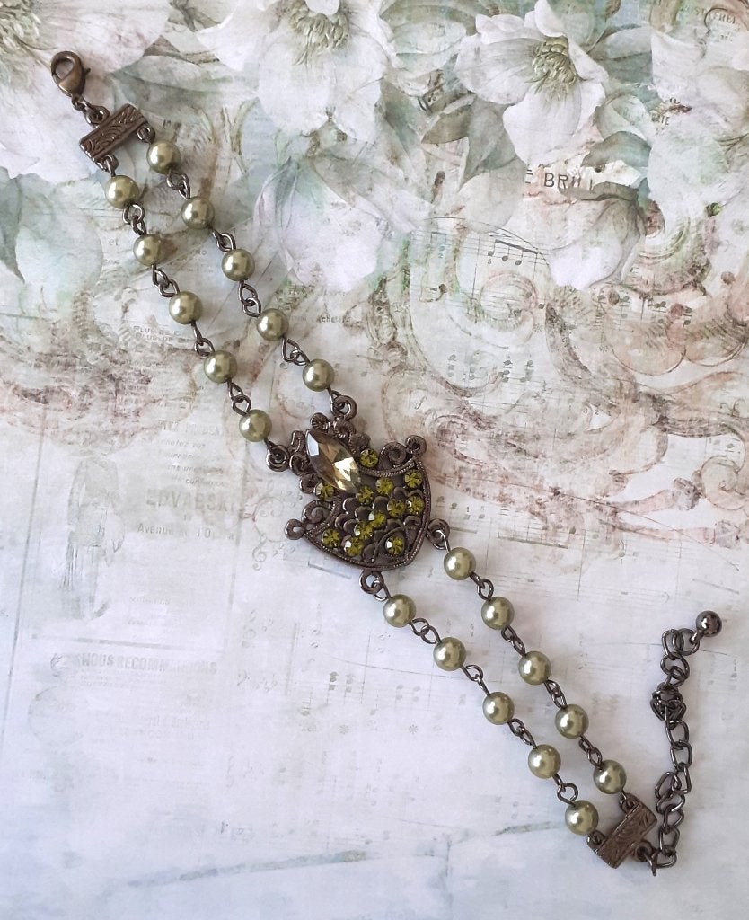 parelarmband vintage groene parels en groene diamantjes, Enlèvement ou Envoi, Neuf, Vert, Avec strass