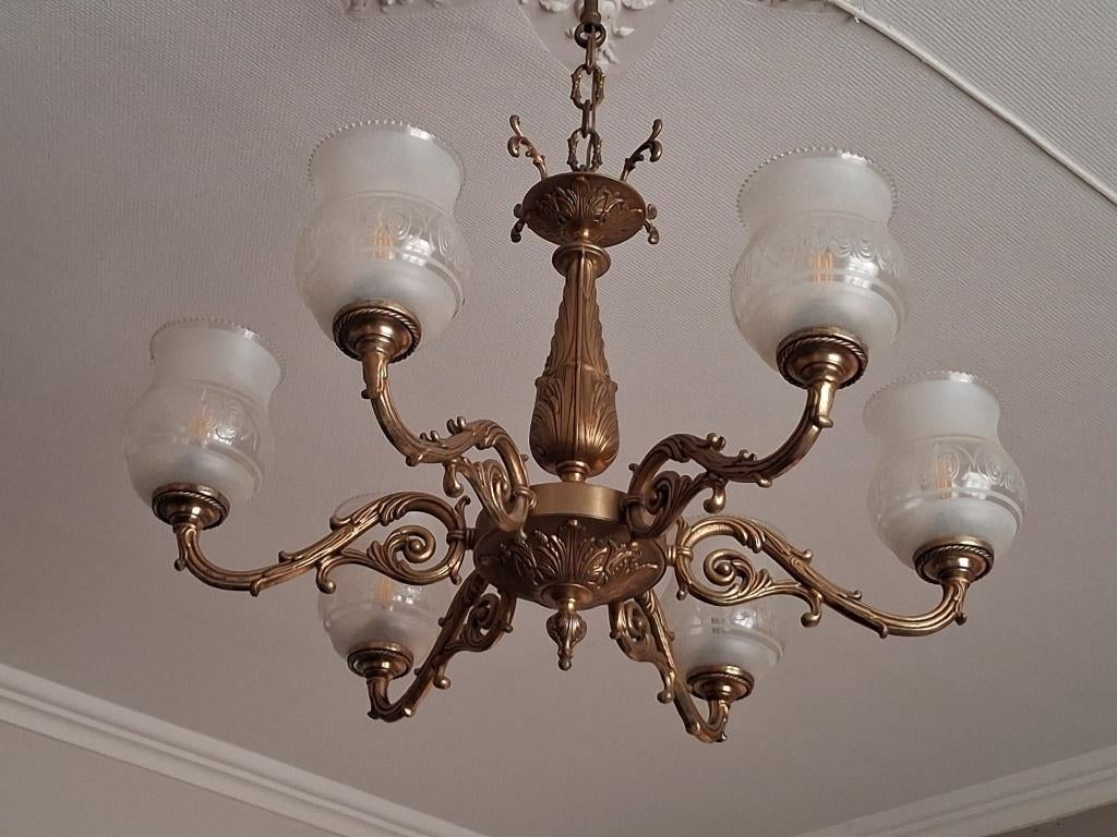 Koperen kroonluchter, Huis en Inrichting, Lampen | Kroonluchters, Gebruikt, Glas, Ophalen