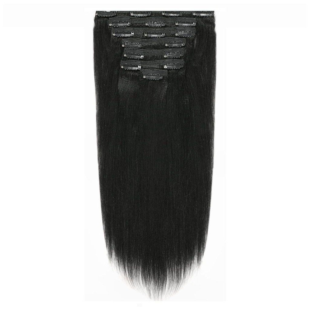 100% REMY HUMAN HAIR - zwart - CLIP INS - YAKI STRAIGHT, Verzenden, Nieuw, Pruik of Haarverlenging