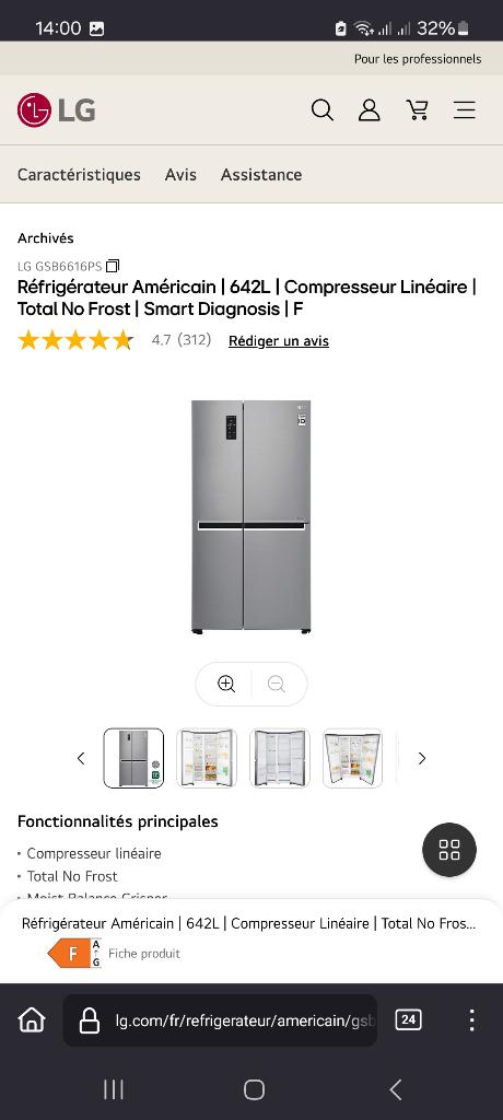 Frigo LG grande capacité, Elektronische apparatuur, Ophalen, 200 liter of meer, 60 cm of meer, Met aparte vriezer