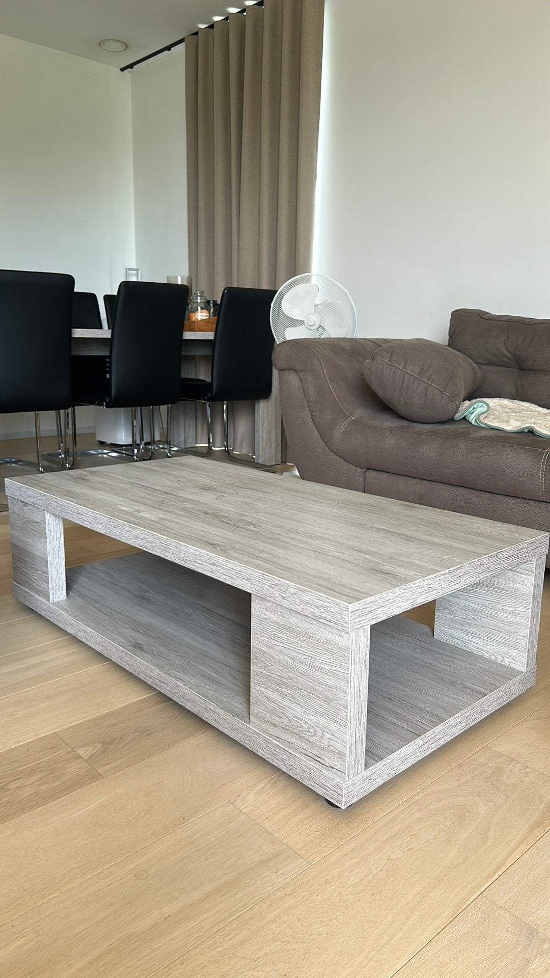 Moderne salontafel in houtlook - Grijs/Eiken, Huis en Inrichting, Tafels | Salontafels, Ophalen, Gebruikt, 100 tot 150 cm, 50 tot 100 cm