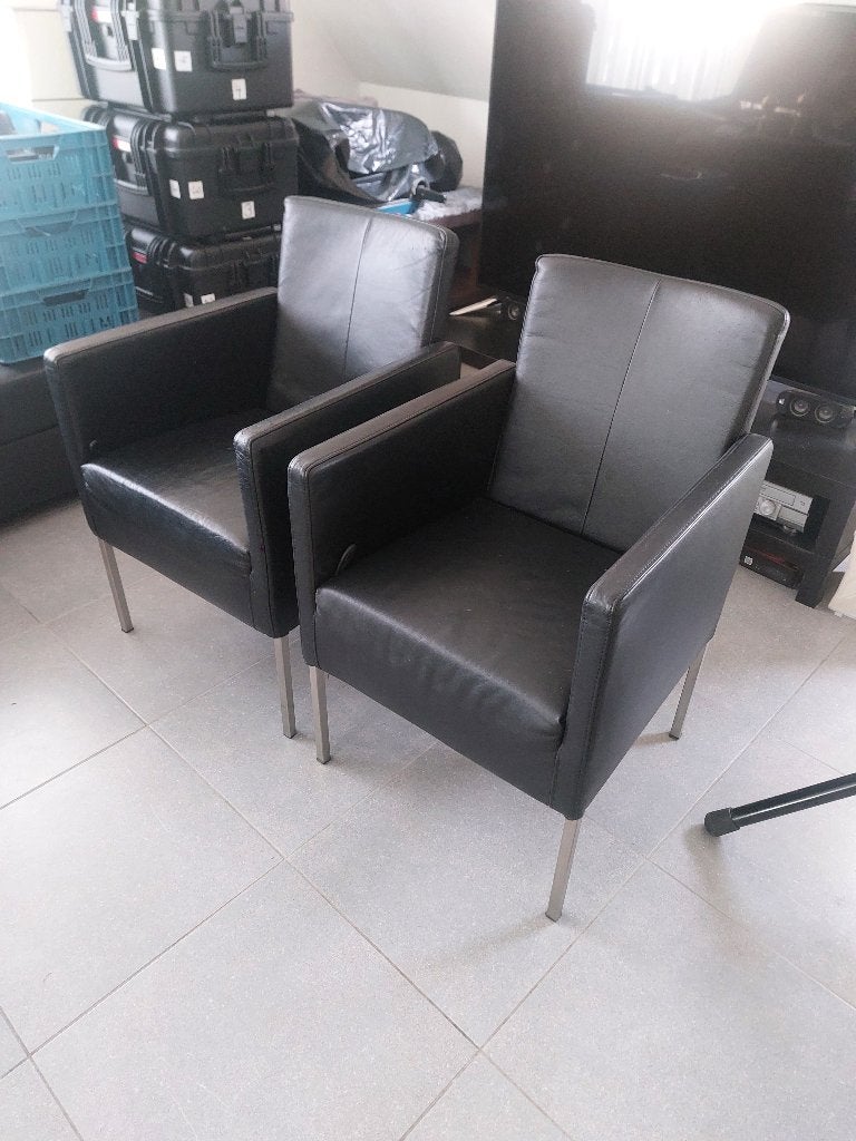 Eetstoel zwart leer (x2)      µ9z, Maison & Meubles, Chaises, Enlèvement, Noir, Cuir