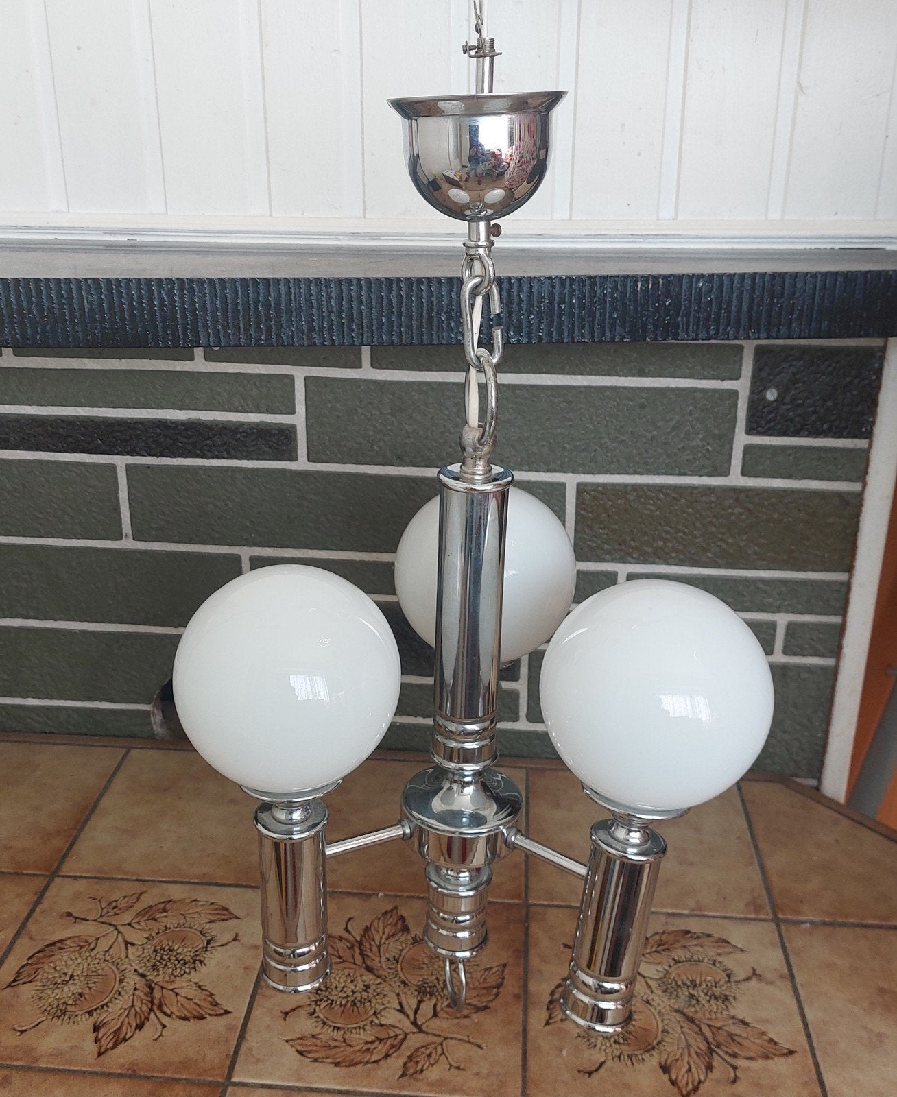 Vintage Italiaanse chromen kroonluchter, Ophalen, Gebruikt, Glas, Space âge